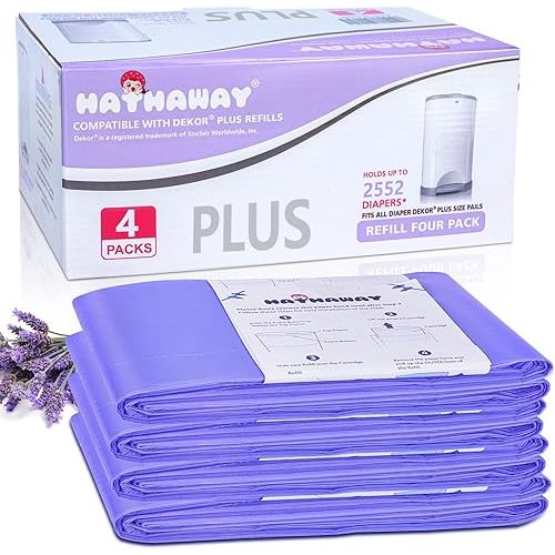 Diaper Pail Refills Increased12% length Compatible with Dekor Plus Diaper Pails Lavender Scent Holds up to 2552 Diapers (4 Pack)