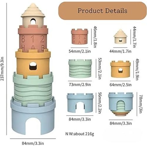 Castle Stacking Tower & Nesting Cups Baby Toys - 5-Piece Silicone Teething & Bathing Set - Fun, Educational & Early Learning Gift for Babies 6+ Months - BPA Free, Soft & Dishwasher Safe