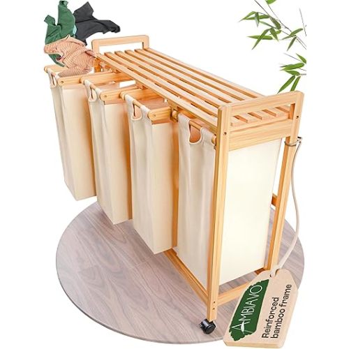 Laundry Sorter with 4 Sections beige, Laundry Hamper with Removable Cotton Bags & Wheels – Perfect Laundry Organizer - Eco-Friendly Rolling Laundry Basket – Durable Bamboo and Stylish Design