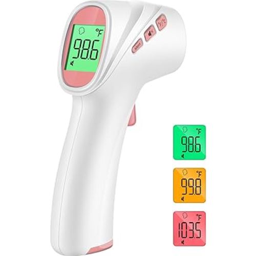 No-Touch Forehead Thermometer, Infrared Digital Thermometer for Adults, Kids & Babies, LCD Backlight Display, Fever Alarm and 1s Instant Reading - Pink