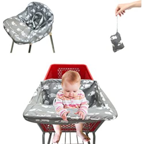 Pozico Portable Shopping Cart Cover for Baby & High Chair Cover, Machine Washable Replaceable Cart Cover for Babies, Infant, Toddler, Boy or Girl(White Elephant, Grey)