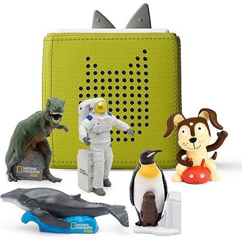 Toniebox Audio Player Starter Set with National Geographic Astronaut, Dinosaur, Whale, Penguin, and Playtime Puppy - Listen, Learn, and Play with One Huggable Little Box - Green