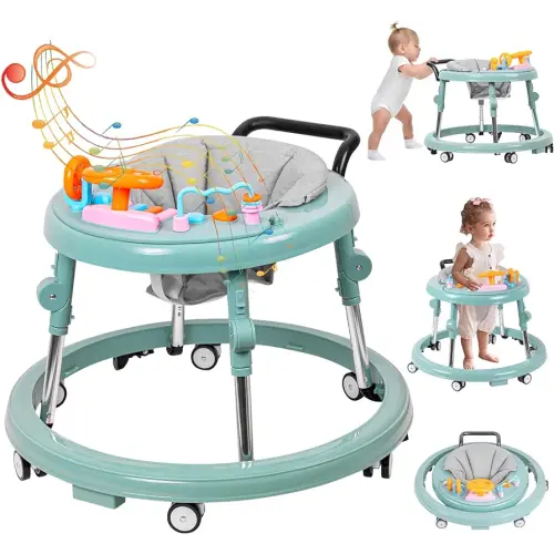 Baby Walker Foldable, Baby Walkers and Activity Center for Boys Girls Babies 6-12 Months with Feeding Tray & Music, and 5 Adjustable Heights, Baby Walker with Wheels…