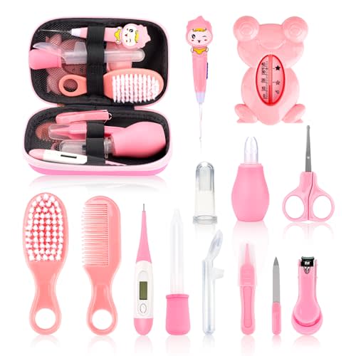 Baby Grooming and Healthcare Kit, Infant Safety Care Set with Hair Brush Comb Nail Clipper Nasal Aspirator Ear Cleaner,Baby Essentials Kit for Newborn Girls Boys (14 in 1, Pink)