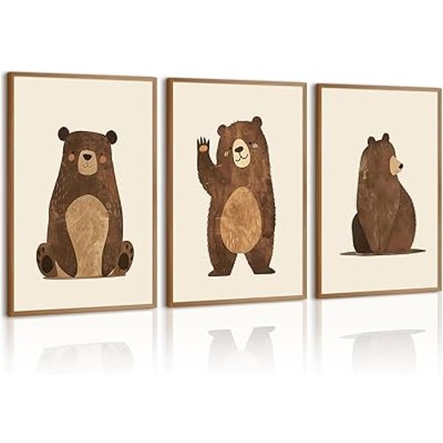 Nursery Wall Art Baby Canvas Pictures Bear Wall Decor Boys Room Prints Kids Poster Cute Animal Theme Pictures Woodland Bear Painting Neutral Children Artwork for Bedroom 12x16 Inch Unframed Set of 3