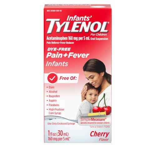 Infants' Tylenol Oral Suspension Liquid Medicine with Acetaminophen, Baby Fever Reducer & Pain Reliever for Minor Aches & Pains, Sore Throat, Headache & Teething Pain, Dye-Free Cherry, 1 fl. oz