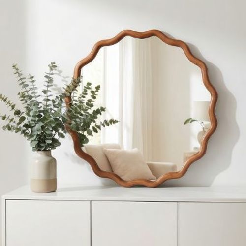 24" Round Wall Mirror, Brown Wavy Wood Frame Accent Mirror, Decorative Vanity Mirror for Entryway, Bathroom, or Living Room-Panipeachy