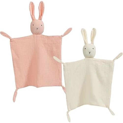 insular Bunny Lovey Blanket for Boys and Girls, Organic Cotton Muslin Security Blanket for Babies, Soft Breathable Lovie Soothing Towel for Newborn and Infant, 2 Pcs Set (Beige&Pink)