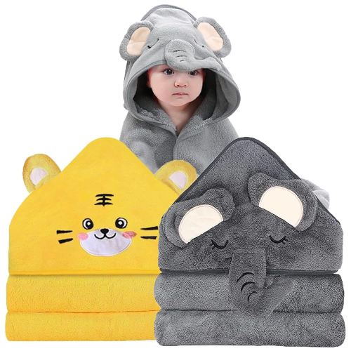 2 Pack Hooded Baby Towels for Newborn, Baby Bath Towel with Hood for Babies, Infant, Toddler and Kids, Soft and Absorbent Newborn Essential(Elephant & Tiger)