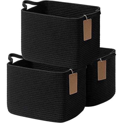 Goodpick Woven Basket, Storage Baskets for Shelves, Small Laundry Basket Pack of 3, Toy Baskets Storage Kids, Towel Baskets for Bedroom, Living Room, 13 x 10 x 9 Inches, Black