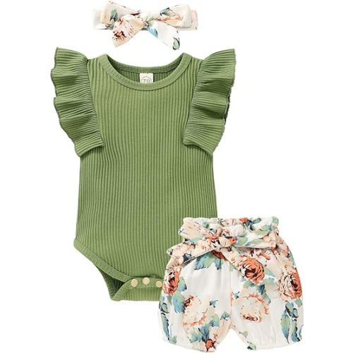 Baby Girl Clothes Infant Summer Outfits Set Ruffle Sleeve Romper and Floral Shorts with Headband