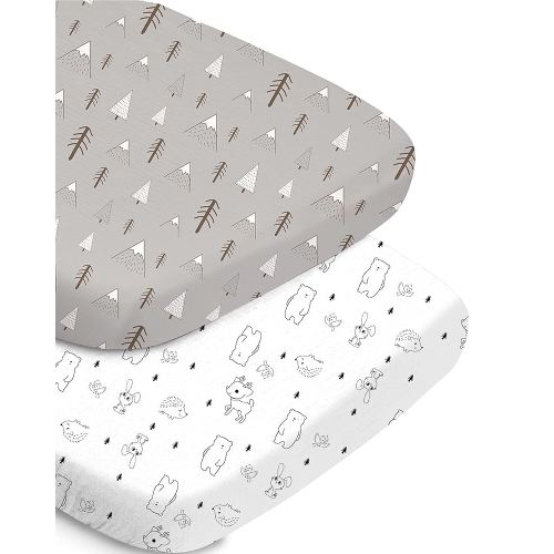 Bassinet Fitted Sheet Set - Grey Woodland Animal Design, Soft and Cozy for Baby Boys, Universal Fit for All Bassinet Mattresses, Compatible with Halo, Mika Micky, Baby Delight, and More