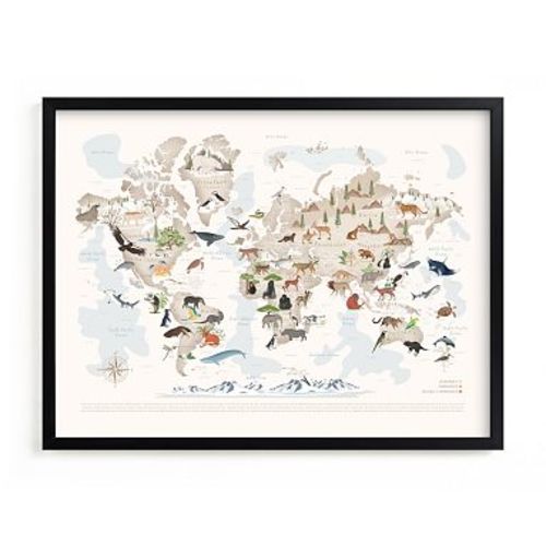 Minted Animals World Map, 65 Threatened Species Wall Art by Sabrin Deirani, Black Frame, 18x24