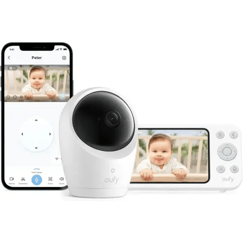 eufy Security Baby Monitor E20 with 2K HD Camera, 5'' 720p Display, Hybrid Wi-Fi & No Wi-Fi Connection, Pan-Tilt, 4X Zoom, Portable Camera with Built-in Battery, 24/7 Recording in App, ANR