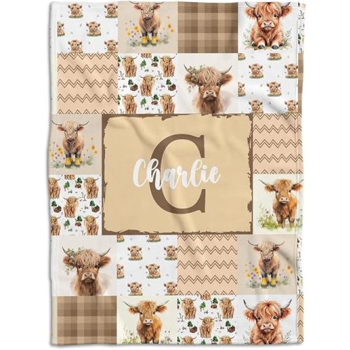 Highland Cow Baby Blanket - Personalized With Name or Initial for Girls and Boys, Custom Baby Stuff (Brown)