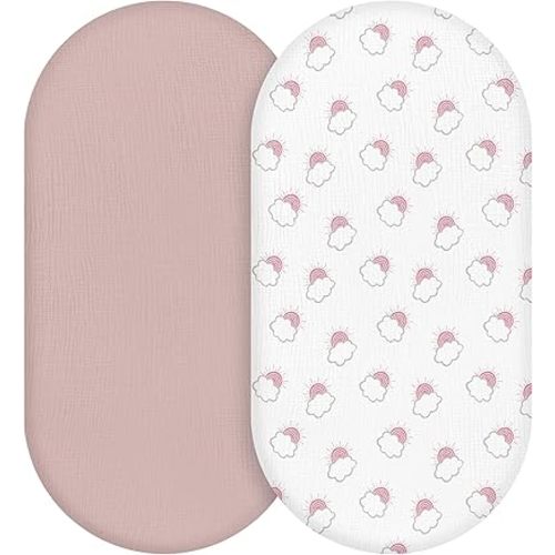Muslin Bassinet Fitted Sheets, 2 Pack for Baby Boy and Girl, Soft Breathable Baby Pad/Mattress Sheet, Fit for Hourglass Oval and Rectangle Bassinet Mattress (Pink Cloud)