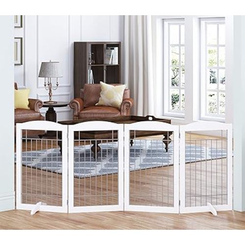 Spirich Extra Wide and Tall Dog gate for The House, Doorway, Stairs, Freestanding Foldable Wire Pet Gate for Dogs, 80-inch Wide,30 inches Tall, White (4 Pannels)