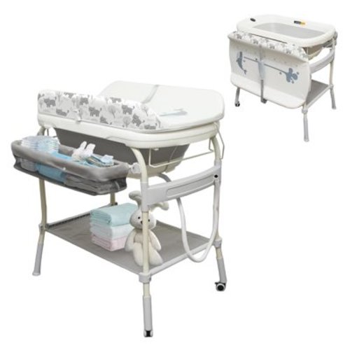 2 in 1 Baby Bathtub with Changing Table, Wanan Waterproof Diaper Changing Station Portable Changing Table Adjustable Height Nursery Organizer with Storage Racks for Newborn Infant Toddler