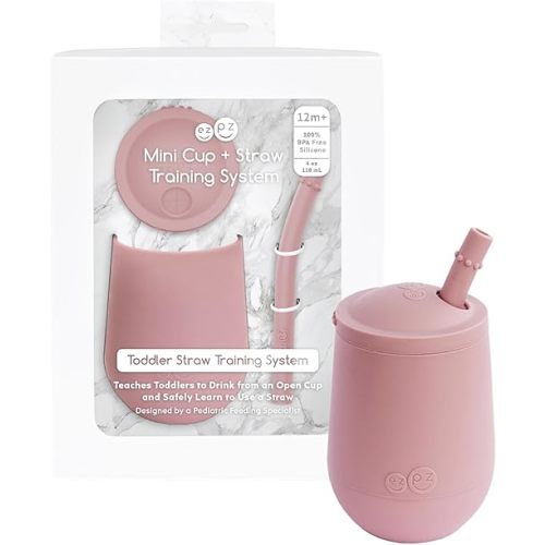 ezpz Mini Cup + Straw Training System (Blush) - 9 Months+ - 100% Silicone Training Cup for Infants + Toddlers - Designed by a Pediatric Feeding Specialist