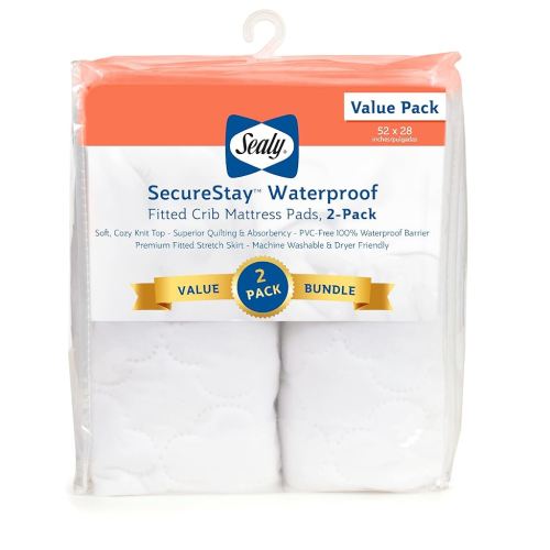Sealy Baby SecureStay 2-Pack Fitted Waterproof Infant Crib Mattress Protector Pad and Toddler Bed Cover, Durable and Comfortable Topper, Machine Washable and Dryer Friendly, 52” x 28”- White