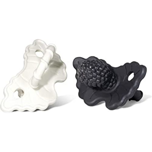 RaZbaby Soft Silicone Infant & Baby Teether, Berrybumps Textured Teething Relief Pacifier 3M+, Soothes Gums, Hands-Free & Easy-to-Hold Fruit-Shaped RaZberry Design, BPA Free, 2-Pack - Black/White