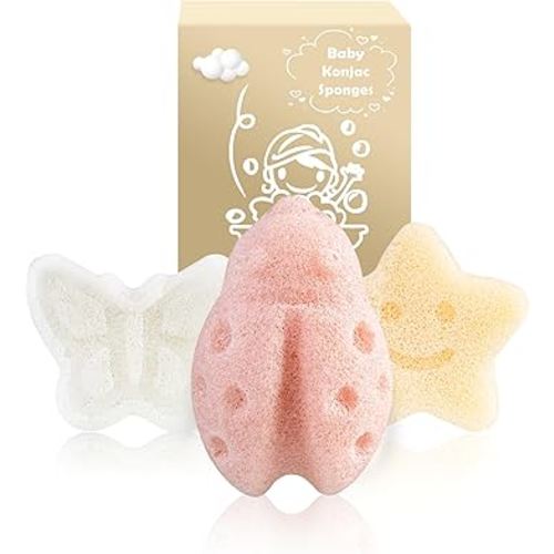 Konjac Baby Sponge for Bathing, 3Pcs Natural Cute Shapes, Kids Bath sponges for Infants, Toddler Bath time, Plant-Based, Extra Soft
