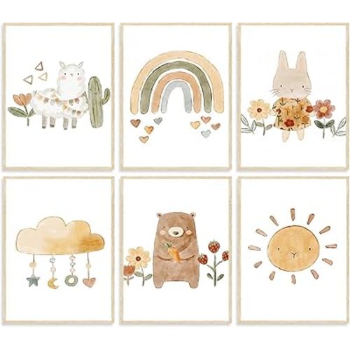 Dazzlewall 6Pcs Warm Nursery Wall Art Prints, Cute Bunny Rainbow Wall Art Poster for Baby Kids Girls Room Decor 8x10 in Unframed
