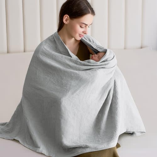 SUNSHE Muslin Nursing Cover for Baby Breastfeeding, Breathable 100% Cotton 5.6 * 2.6 FT Snap-Button Design Versatile Muslin Nursing Covers for Mom's Privacy and Baby's Comfort (Ivory Gray)