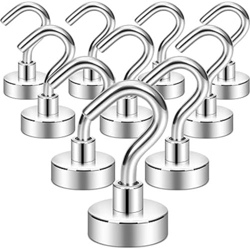 Neosmuk Magnetic Hooks,30lb+ Heavy Duty Earth Magnets with Hook for Refrigerator, Extra Strong Cruise Hook for Hanging, Magnetic Hanger for Cabins, Grill (Silver White, Pack of 10)