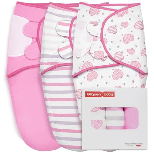 GLLQUEN BABY Swaddles for Newborns - 3 Pack Baby Adjustable Swaddle Sleep Sack for Boys and Girls 0-3 Months,Baby Wrap Swaddle Sack, Stripes & Heart, Nursery Essentials