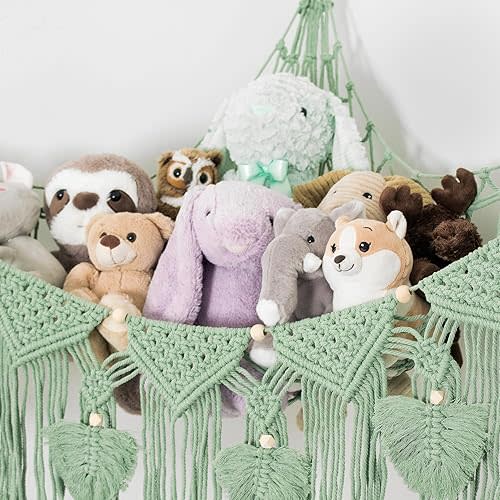 Morxy Stuffed Animal Net or Hammock,Macrame Toy Storage Corner Organizer,Boho Baby Nursery Decor,Stuffie Organizer For Toddler Room Playroom,Hanging Corner Net for Stuffed Animals Large Sage