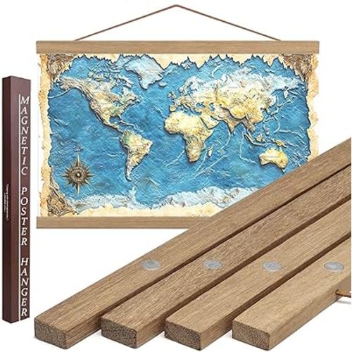 32" Wide Magnetic Poster Hanger Frame - 32x24 32x40 32x48 Magnetic Frame - Premium Teak Wood, Strong Magnets for Hanging Posters Maps Pictures Scroll Wall Art (32 Inch, Natural Wood)