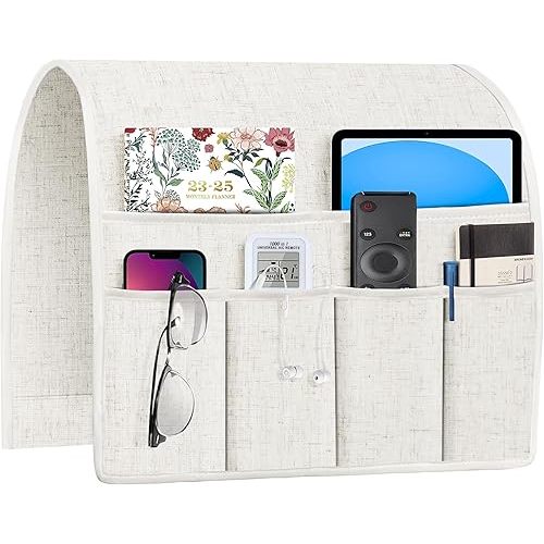 Joywell Remote Holder for Recliner Armchair Caddy Couch Armrest Remote Control Holder Non Slip Sofa Arm Chair Caddie with 6 Pocket for Magazine, Tablet, Phone, iPad, Think Linen, Natural