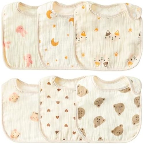 Zainpe 6Pcs Snap Muslin Cotton Baby Bibs Soft & Absorbent Burp Cloths for Newborns Drooling Feeding