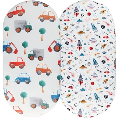 Bassinet Sheet Set 2 Pack Snug Fitted Cradle Fitted Sheets, Stretchy Ultra Soft, for Oval Rectangle Hourglass Bassinet Mattress, Unisex Boy Girl, Planet Rocket Satellite & Car