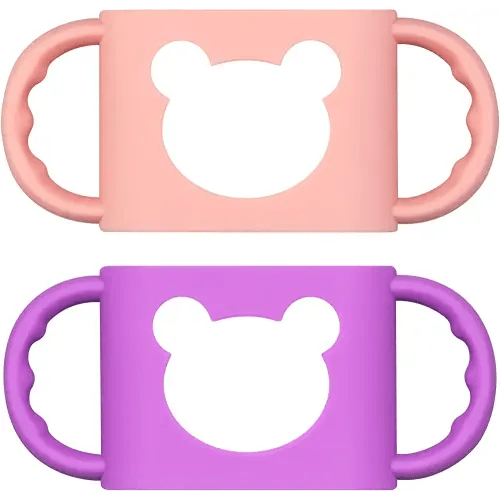 Baby Bottle Handles, Durable Food Grade Silicone Transitional Sippy Cup Handle Grip for Wide-Neck Baby Bottles, Cute Bear Design, Pack of 2, Pink & Purple
