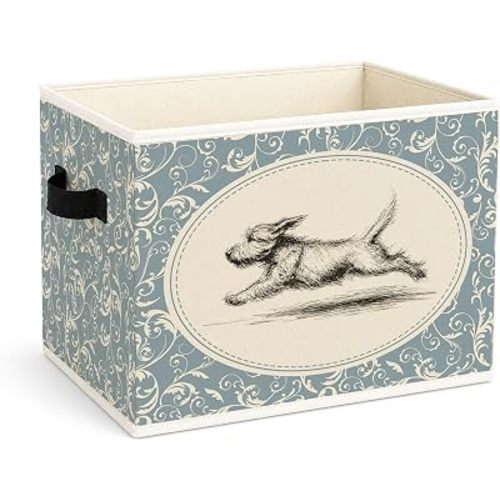 Wire Fox Terrier Storage Bin, Vintage Blue Foldable Fabric Basket