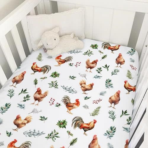 Farm Rooster Hens Boho Leaves Baby Crib Sheets 52''x28'' Cute Chichen Farm Animals Fitted Crib Mattress Sheet for Boy Girl Soft Nursery Bed Crib Sheets for Standard Toddler Mattress