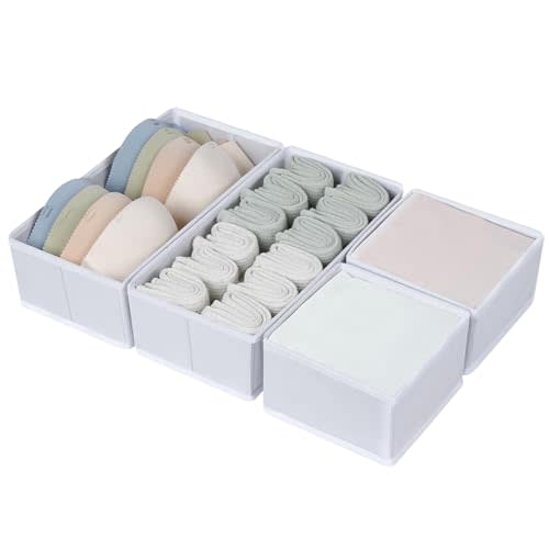 DIMJ Drawer Organizers for Clothing, Set of 4 Dresser Drawer Organizers, Fabric Closet Organizers and Storage, Drawer Dividers for Baby Clothes, Socks, Belt, Tie (White)