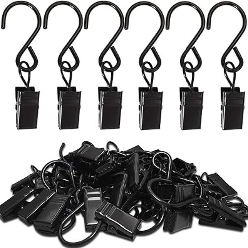 Stainless Steel S Hooks Curtain Clips, 50 Pack Hanging Party Lights Clips Hangers Gutter Photo, Art Craft Display, 2.4 Inch Long, Black