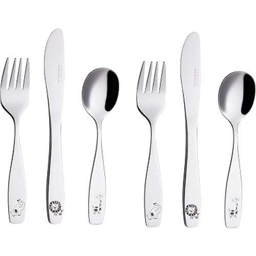 Exzact Children's Cutlery 6pcs Stainless Steel 18/10 Kids Cutlery - 2 x Forks, 2 x Safe Dinner Knives, 2 x Dinner Spoons - Safari -Giraffe Elephant Lion