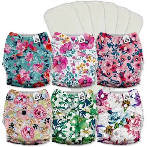 Mama Koala 3.0 Pocket Cloth Diapers for Babies with AWJ Lining, 6 Pack with 6 5-Layer Natural Cloth Diaper Inserts - Reusable and Washable Pocket Diapers(A-Bloomin' Lovely)