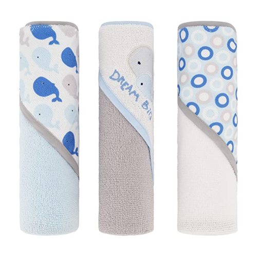 Cudlie Buttons & Stitches Baby Boy 3 Pack Rolled/Carded Hooded Towels in Dream Big Whale Print Cotton (GS71724) - 3 Pack hooded towel
