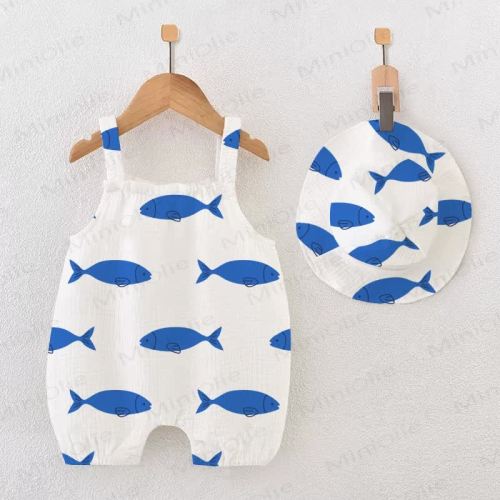 Baby Blue Fishes White Romper with Hat