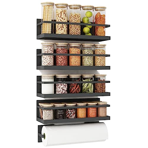 Roysili Magnetic Spice Rack For Refrigerator Magnetic Fridge Shelf For Kitchen Spice Organizer Magnetic Shelf For Fridge Space Saving Black 4 Pack With Magnetic Paper Towel Holder