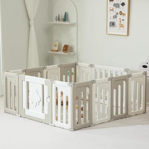 Baby Play Pen, 14 Panels Extra Large Foldable Play Pens for Babies and Toddlers, UFO Portable Baby Fence, Baby Gate Playpen, Baby Play Yard, Grey