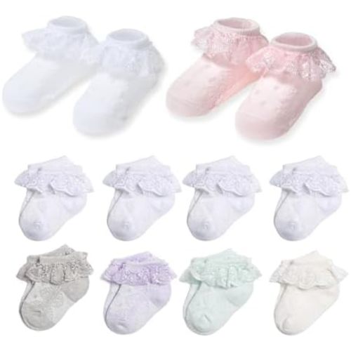Baby Girl Lace Socks, Soft Cotton Ruffle Dress Socks for Newborns 0-3/3-6/6-12/12-24 Months, Ankle High