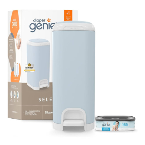 Diaper Genie Select Pail (Blue) is Made of Durable Stainless Steel and Includes 1 Starter Square Refill That can Hold up to 165 Newborn-Sized Diapers.
