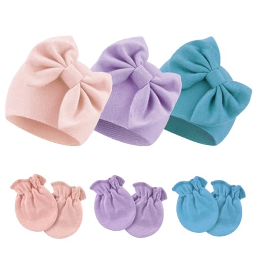 BQUBO Newborn Baby Hospital Hats Beanie Bow Infant Caps Baby Cotton No Scratch Mittens Set for 0-6 Months