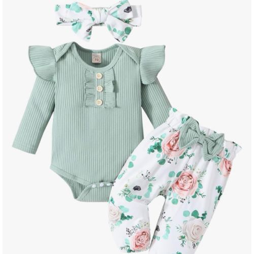 Baby Girl Clothes Newborn Infant Outfits Ruffle Romper+ Floral Pants + Cute Headband Sets for Girls